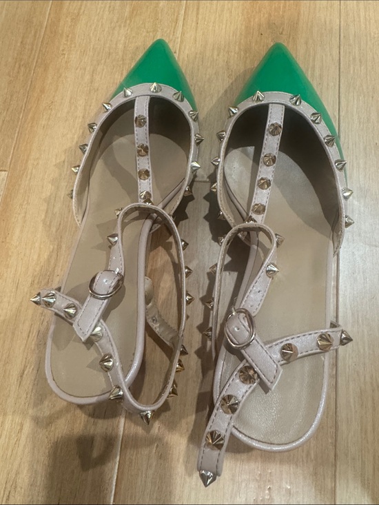 Shoes - Pointed Green & Nude Studded Mary Jane heels.